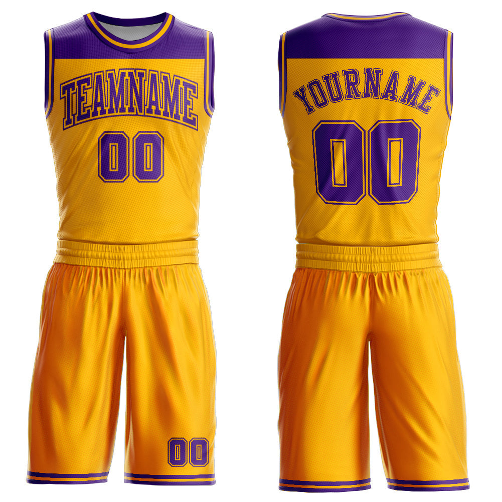 Custom Gold Purple Color Block Round Neck Sublimation Basketball Suit Jersey - Sky-Custom