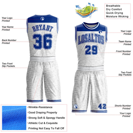 Custom White Royal Color Block Round Neck Sublimation Basketball Suit Jersey - Sky-Custom