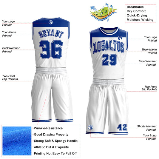 Custom White Royal Color Block Round Neck Sublimation Basketball Suit Jersey - Sky-Custom