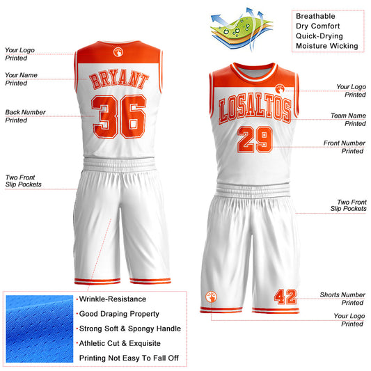 Custom White Orange Color Block Round Neck Sublimation Basketball Suit Jersey - Sky-Custom