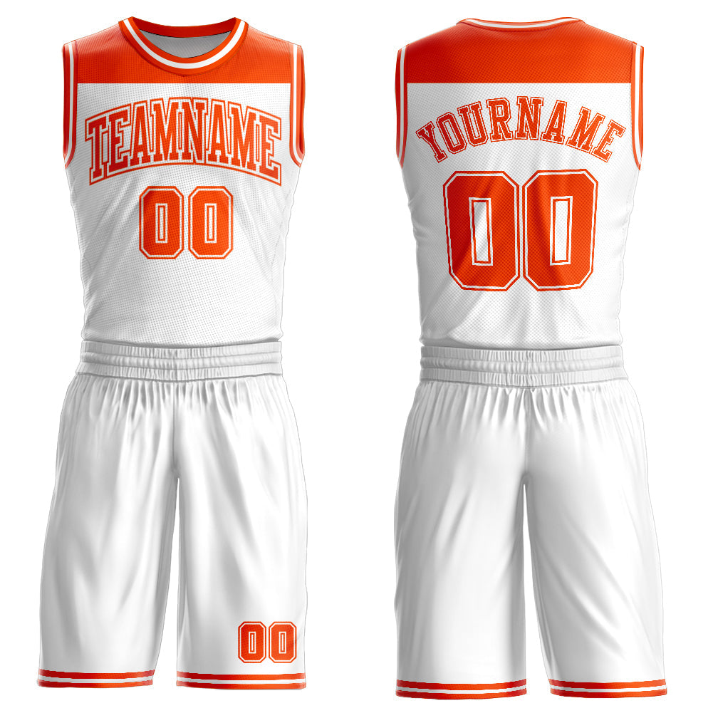 Custom White Orange Color Block Round Neck Sublimation Basketball Suit Jersey - Sky-Custom