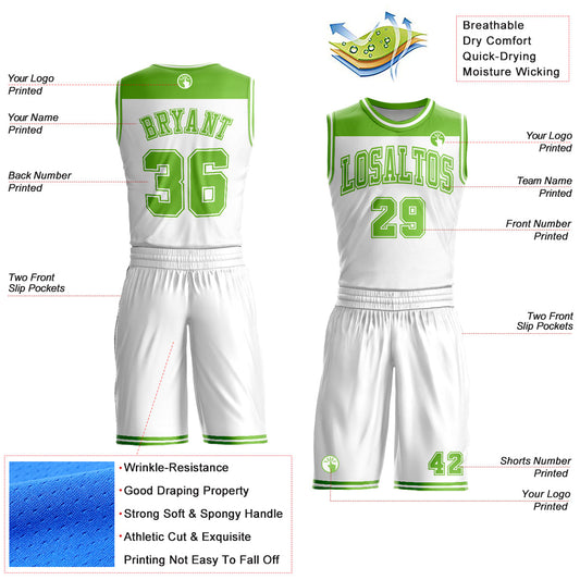 Custom White Neon Green Color Block Round Neck Sublimation Basketball Suit Jersey - Sky-Custom