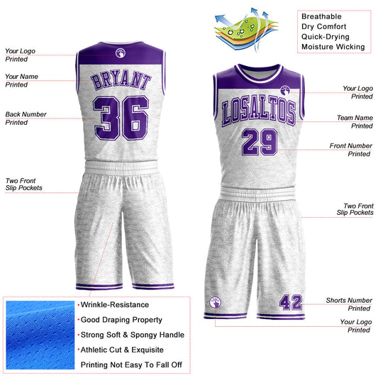 Custom White Purple Color Block Round Neck Sublimation Basketball Suit Jersey - Sky-Custom