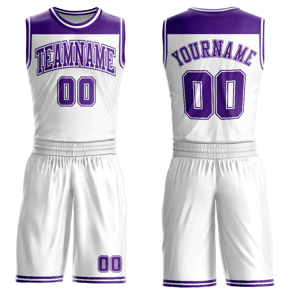 Custom White Purple Color Block Round Neck Sublimation Basketball Suit Jersey - Sky-Custom