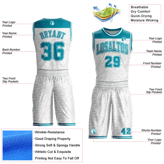Custom White Teal Color Block Round Neck Sublimation Basketball Suit Jersey - Sky-Custom