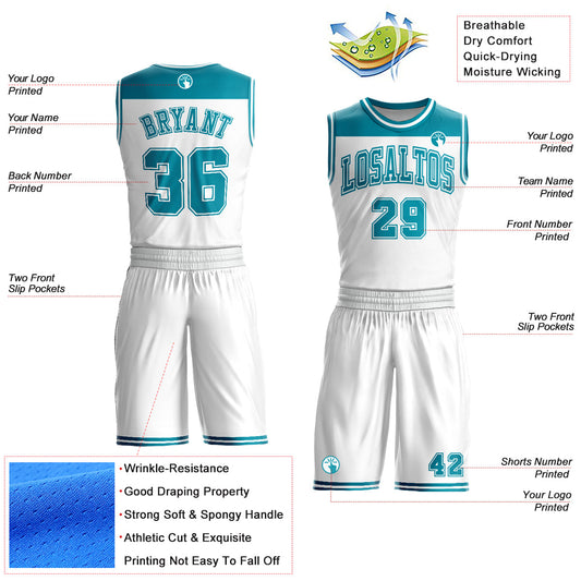 Custom White Teal Color Block Round Neck Sublimation Basketball Suit Jersey - Sky-Custom