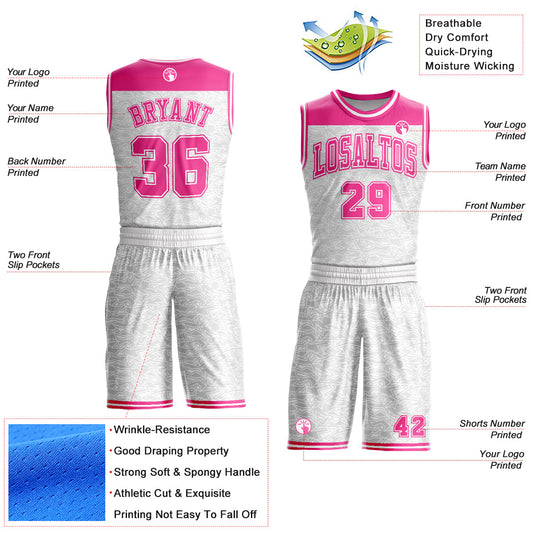 Custom White Pink Color Block Round Neck Sublimation Basketball Suit Jersey - Sky-Custom