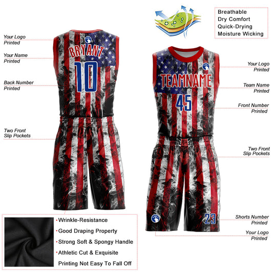Custom White Royal-Red American Flag Fashion Round Neck Sublimation Basketball Suit Jersey - Sky-Custom
