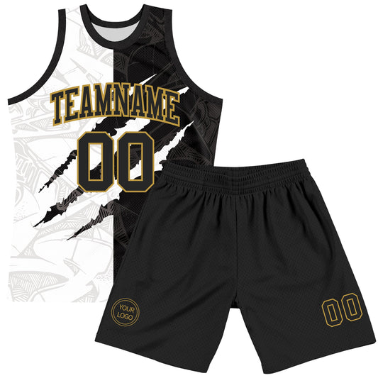 Custom Graffiti Pattern Black Old Gold-White Scratch Round Neck Sublimation Basketball Suit Jersey - Sky-Custom