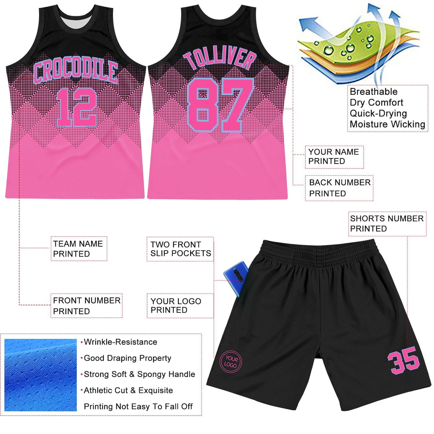 Custom Black Pink-Light Blue Gradient Square Shapes Round Neck Sublimation Basketball Suit Jersey - Sky-Custom