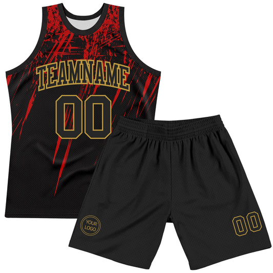 Custom Black Red-Old Gold Splash Round Neck Sublimation Basketball Suit Jersey - Sky-Custom