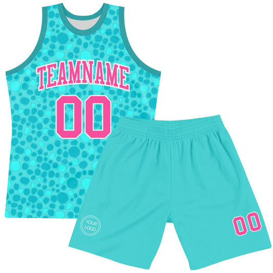Custom Aqua Pink-White Leopard Print Round Neck Sublimation Basketball Suit Jersey - Sky-Custom