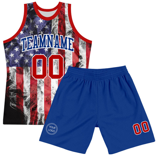 Custom White Red-Royal American Flag Round Neck Sublimation Basketball Suit Jersey - Sky-Custom