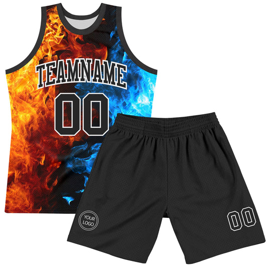 Custom Figure Black-White Flame Round Neck Sublimation Basketball Suit Jersey - Sky-Custom