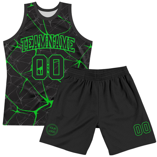 Custom Black Neon Green Abstract Network Round Neck Sublimation Basketball Suit Jersey - Sky-Custom