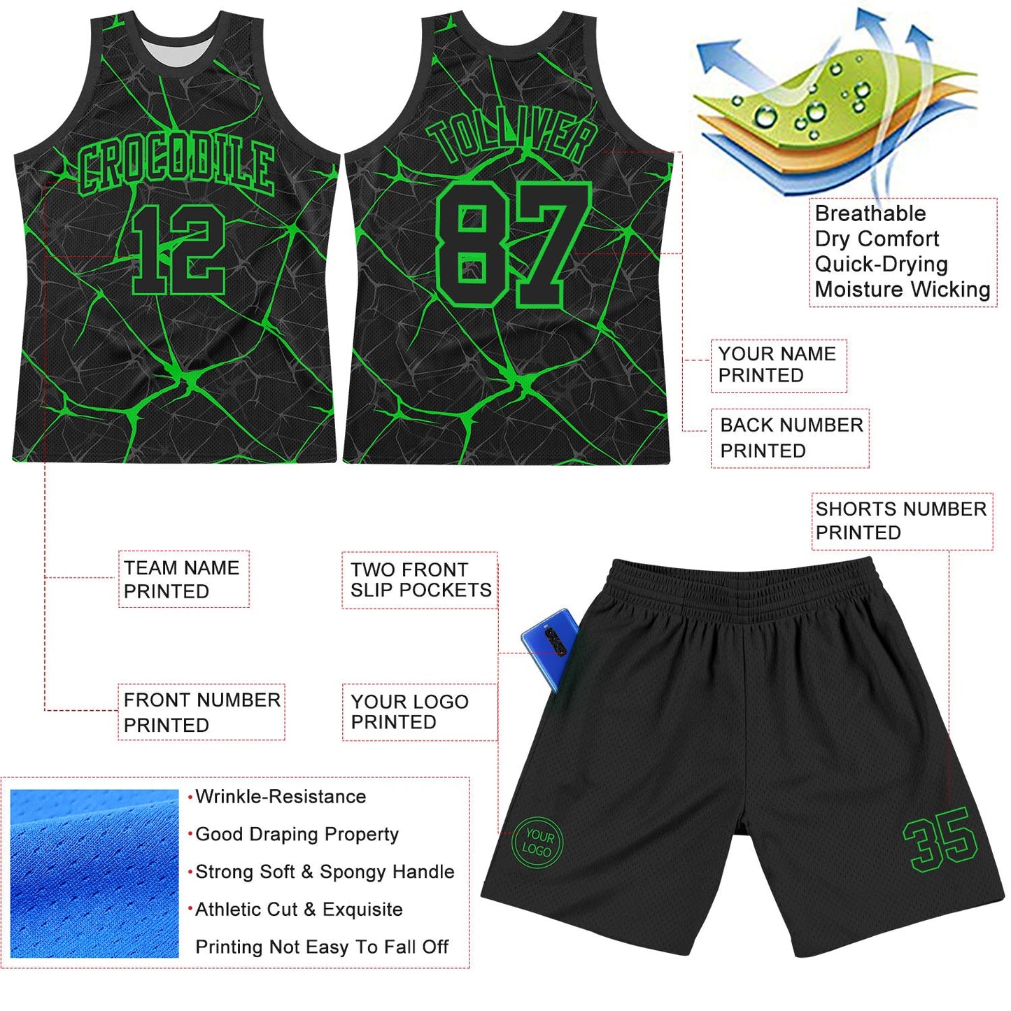 Custom Black Neon Green Abstract Network Round Neck Sublimation Basketball Suit Jersey - Sky-Custom