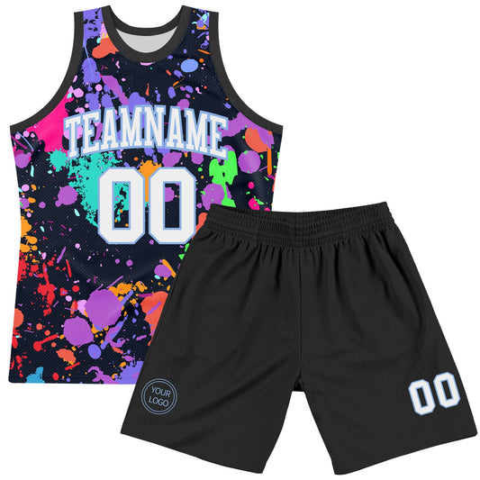 Custom Graffiti Pattern White Light Blue-Black Splash Round Neck Sublimation Basketball Suit Jersey - Sky-Custom