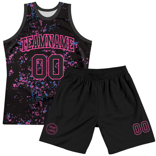 Custom Black Pink Fragment Art Round Neck Sublimation Basketball Suit Jersey - Sky-Custom