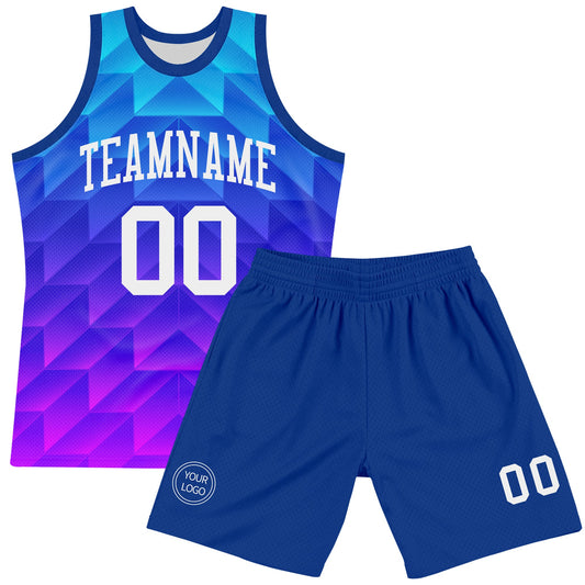 Custom Royal White-Hot Pink Gradient Geometric Shape Round Neck Sublimation Basketball Suit Jersey - Sky-Custom