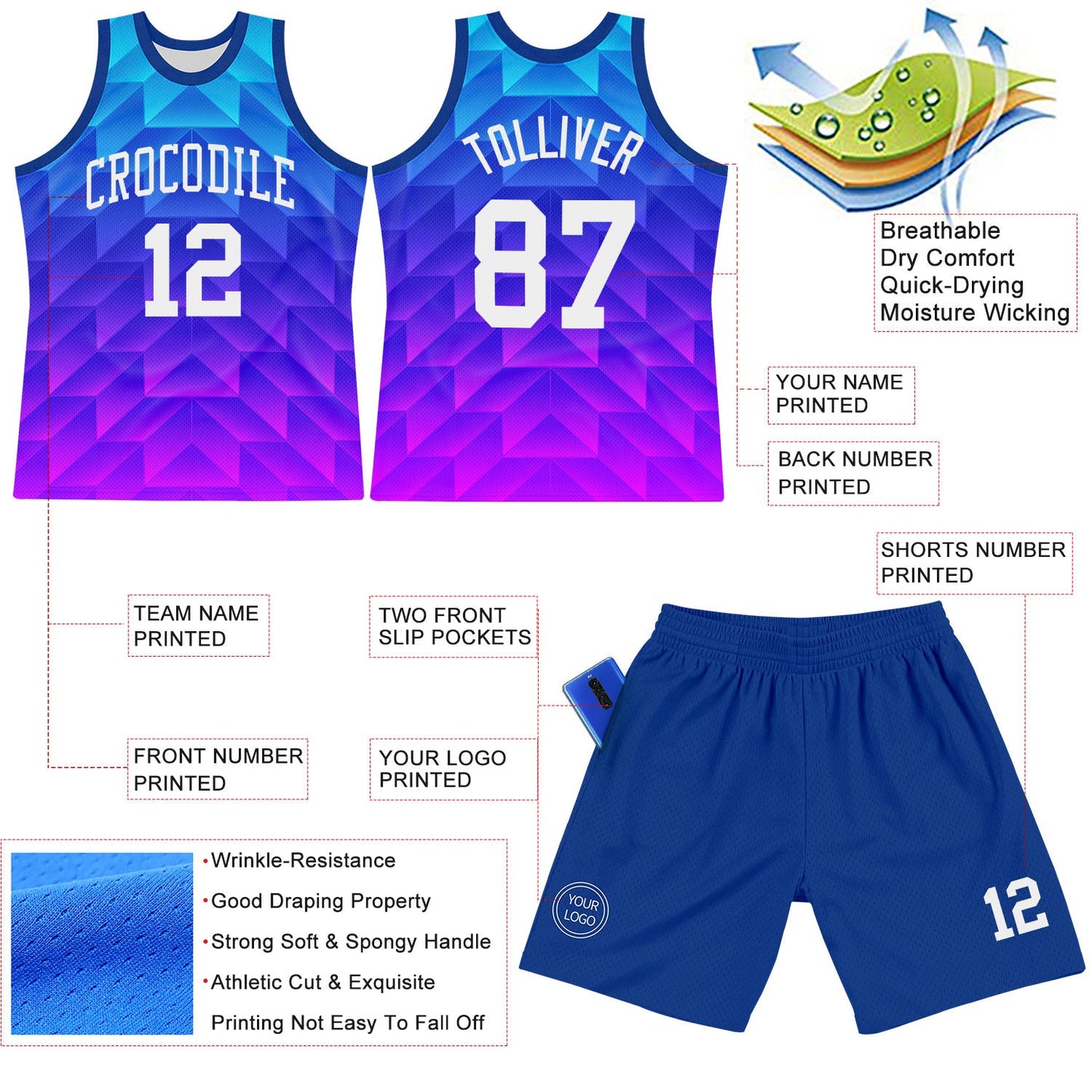 Custom Royal White-Hot Pink Gradient Geometric Shape Round Neck Sublimation Basketball Suit Jersey - Sky-Custom