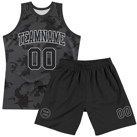 Custom Black Gray Curve Lines Round Neck Sublimation Basketball Suit Jersey - Sky-Custom