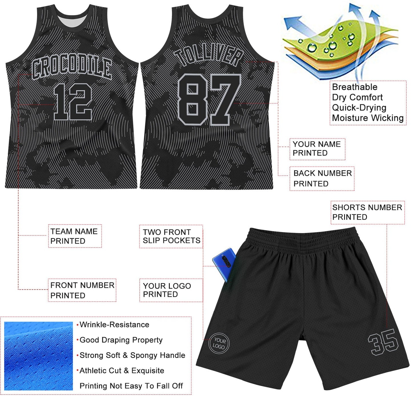 Custom Black Gray Curve Lines Round Neck Sublimation Basketball Suit Jersey - Sky-Custom