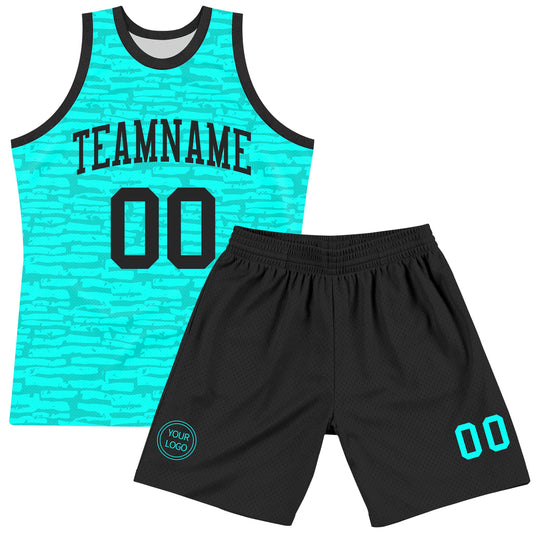 Custom Aqua Black Fragment Art Round Neck Sublimation Basketball Suit Jersey - Sky-Custom