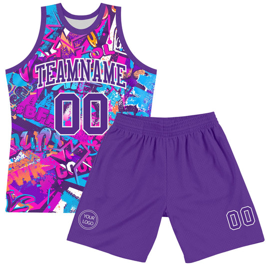 Custom Graffiti Pattern Purple-White Splash Round Neck Sublimation Basketball Suit Jersey - Sky-Custom