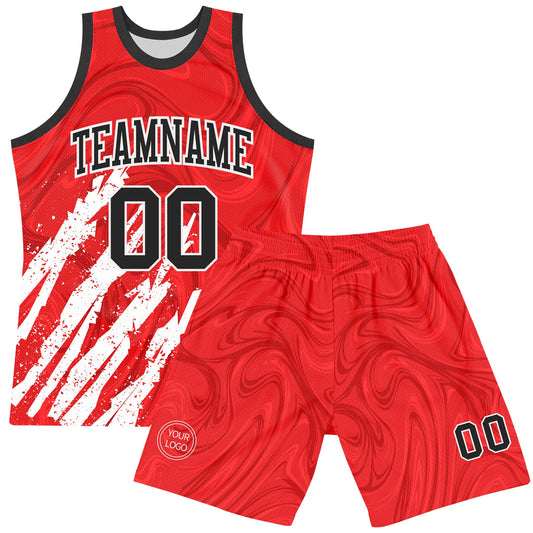 Custom Red Black-White Splash Round Neck Sublimation Basketball Suit Jersey - Sky-Custom