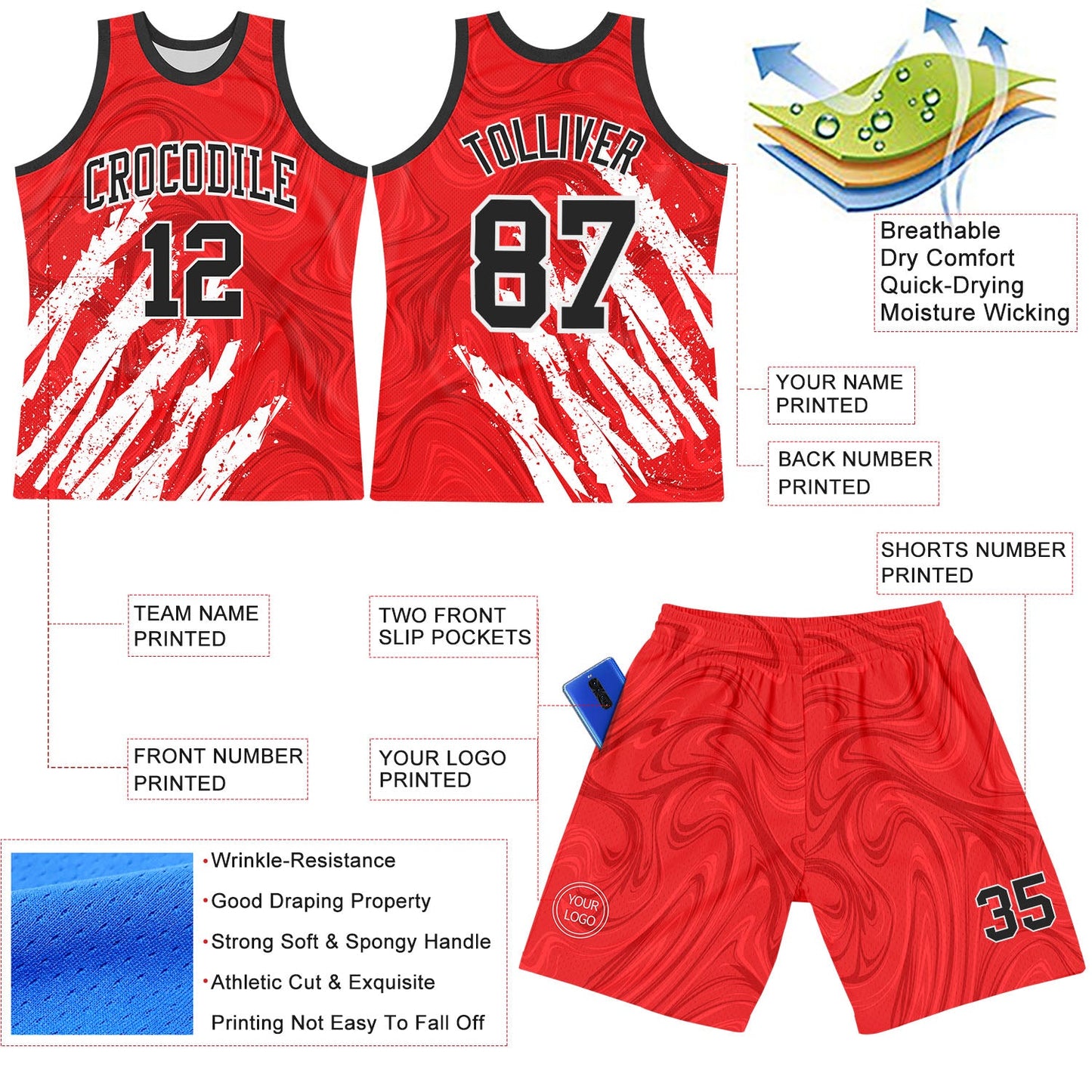 Custom Red Black-White Splash Round Neck Sublimation Basketball Suit Jersey - Sky-Custom