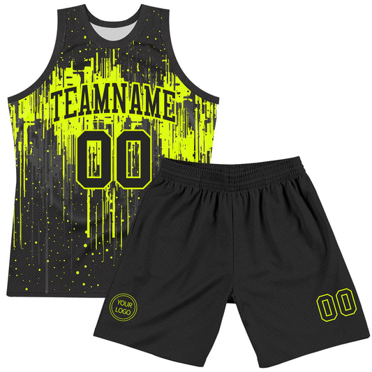 Custom Black Neon Green Dripping Splatter Art Round Neck Sublimation Basketball Suit Jersey - Sky-Custom