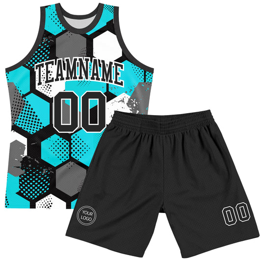 Custom Aqua Black-White Geometric Shape Round Neck Sublimation Basketball Suit Jersey - Sky-Custom