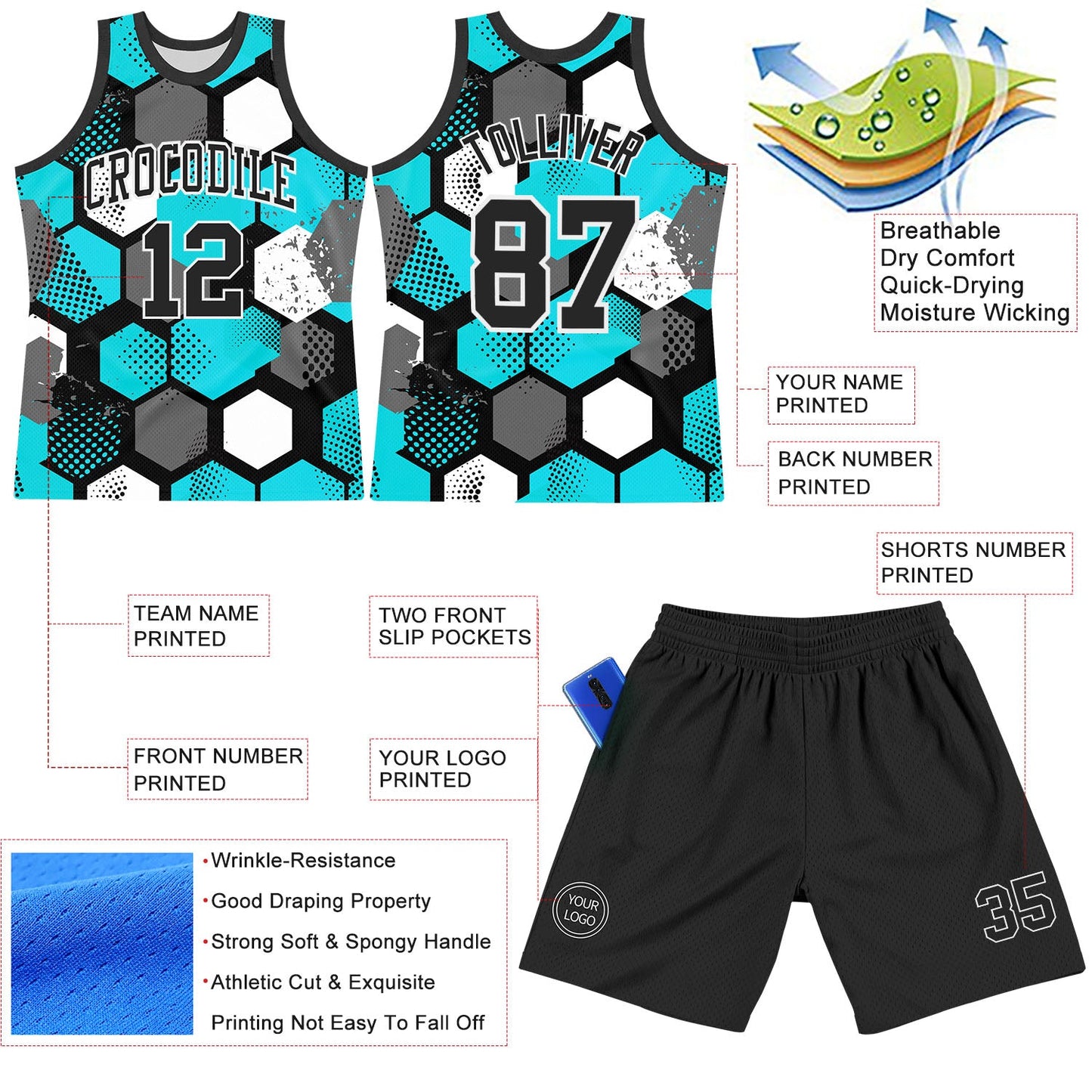 Custom Aqua Black-White Geometric Shape Round Neck Sublimation Basketball Suit Jersey - Sky-Custom