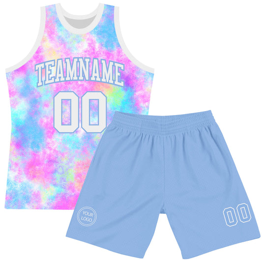 Custom Tie Dye White-Light Blue Round Neck Sublimation Basketball Suit Jersey - Sky-Custom