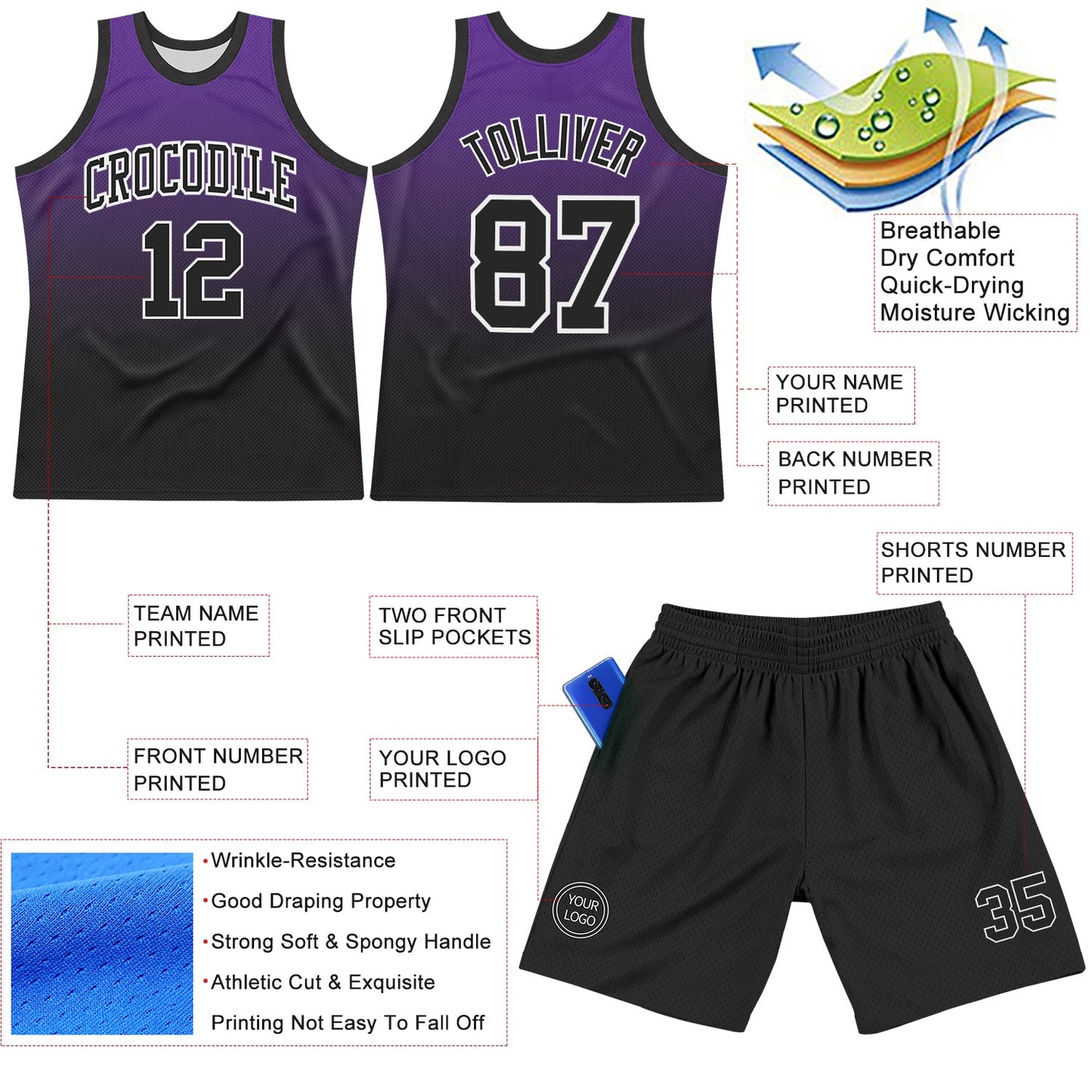 Custom Purple Black-White Fade Fashion Round Neck Sublimation Basketball Suit Jersey - Sky-Custom