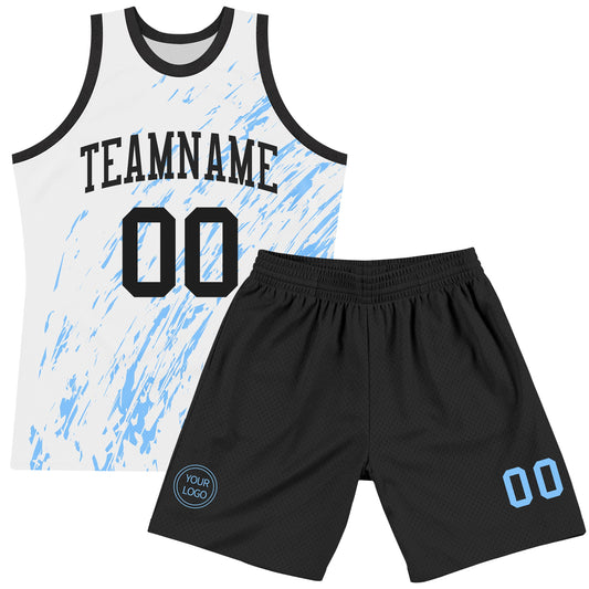 Custom White Black-Light Blue Splash Round Neck Sublimation Basketball Suit Jersey - Sky-Custom