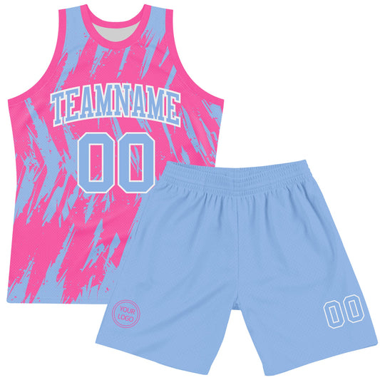 Custom Pink Light Blue-White Abstract Sharp Shape Fragment Art Round Neck Sublimation Basketball Suit Jersey - Sky-Custom