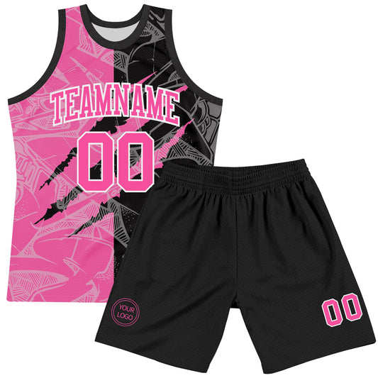 Custom Graffiti Pattern Pink Black-White Scratch Round Neck Sublimation Basketball Suit Jersey - Sky-Custom