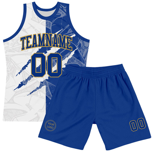 Custom Graffiti Pattern Royal White-Old Gold Scratch Round Neck Sublimation Basketball Suit Jersey - Sky-Custom