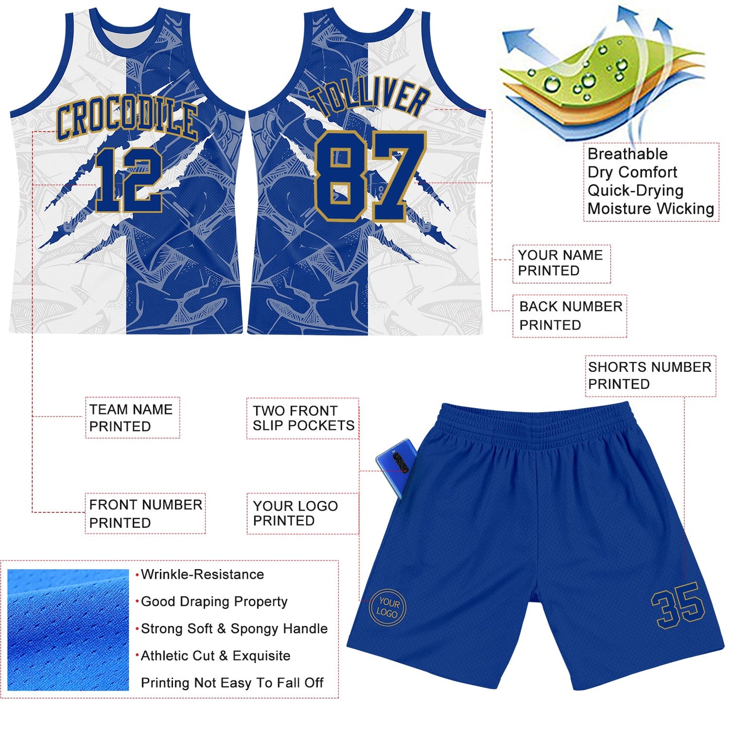 Custom Graffiti Pattern Royal White-Old Gold Scratch Round Neck Sublimation Basketball Suit Jersey - Sky-Custom