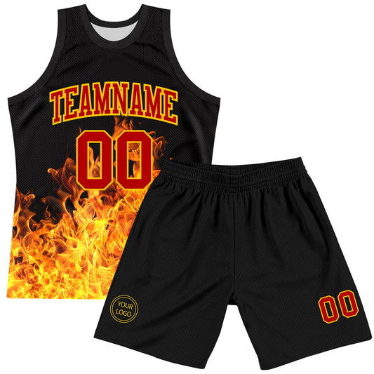 Custom Black Red-Yellow Flame Round Neck Sublimation Basketball Suit Jersey - Sky-Custom
