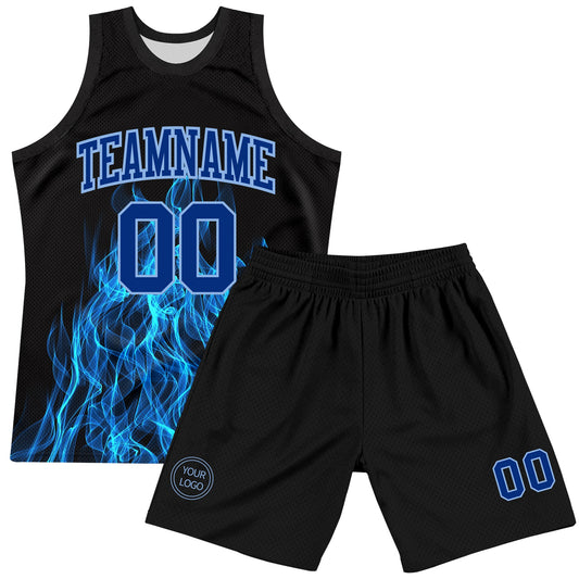 Custom Black Royal-Light Blue Flame Round Neck Sublimation Basketball Suit Jersey - Sky-Custom