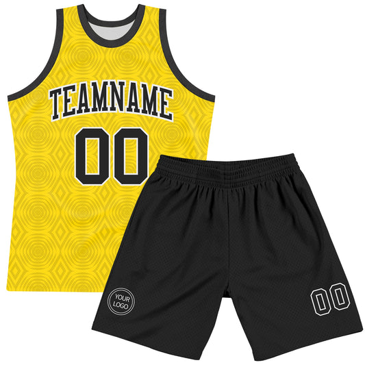 Custom Gold Black-White Geometric Shape Round Neck Sublimation Basketball Suit Jersey - Sky-Custom