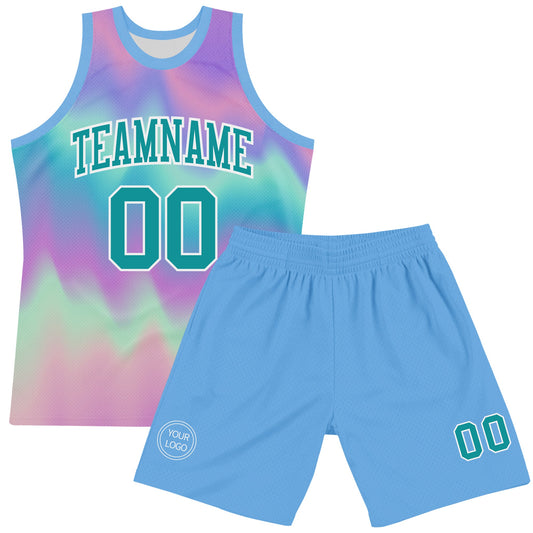 Custom Tie Dye Teal-White Round Neck Sublimation Basketball Suit Jersey - Sky-Custom