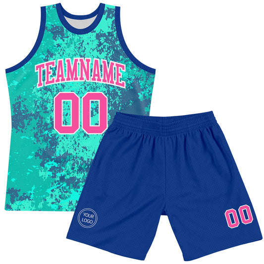 Custom Teal Pink Royal-White Splash Round Neck Sublimation Basketball Suit Jersey - Sky-Custom