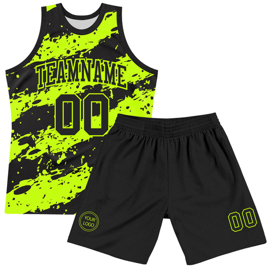 Custom Black Neon Green Splash Round Neck Sublimation Basketball Suit Jersey - Sky-Custom