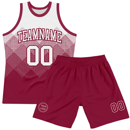 Custom White Maroon Gradient Square Shapes Round Neck Sublimation Basketball Suit Jersey - Sky-Custom