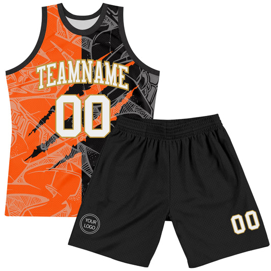 Custom Graffiti Pattern White Black Orange-Old Gold Scratch Round Neck Sublimation Basketball Suit Jersey - Sky-Custom