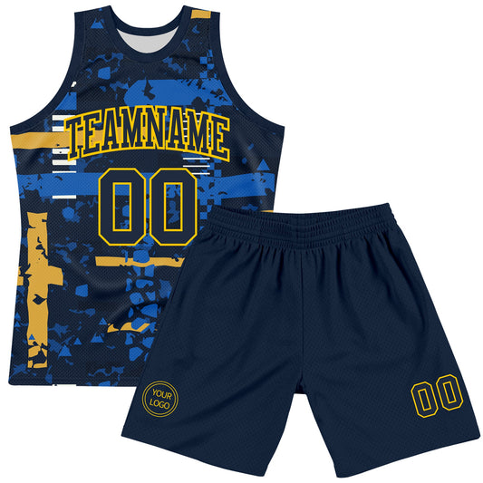 Custom Navy Yellow Abstract Shape Fragment Art Round Neck Sublimation Basketball Suit Jersey - Sky-Custom