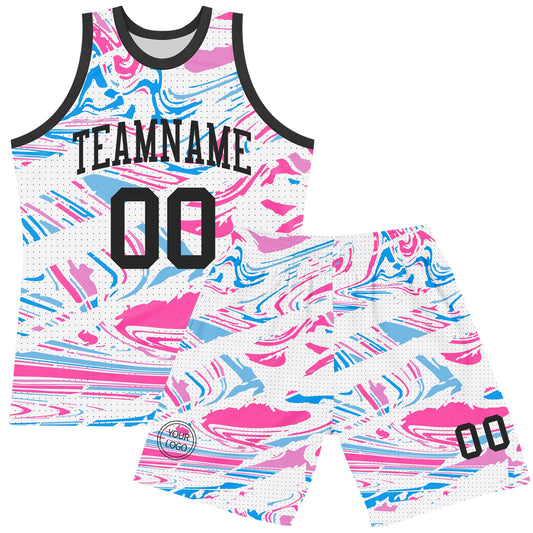 Custom Figure Black Pink-Light Blue Fluid Art Round Neck Sublimation Basketball Suit Jersey - Sky-Custom